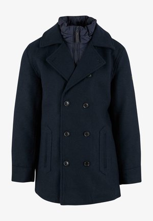 Navy wollen peacoat met een dubbelzijdige knoopsluiting, grote revers, zijzakken, en een gewatteerd interieur. Gelaagde stof met een gladde afwerking.