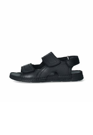 Sandal in pelle nera con punta aperta, cinturini regolabili in Velcro e dettagli cuciti. Presenta sezioni ritagliate per la traspirabilità. Suola piatta.