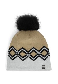 Breipet met een tan- en witte kleurverloop, zwart ruitpatroon en een zwart nep-vacht pompon bovenop. Logo-tag onderaan.