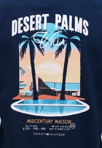 Βίλα Desert Palms με δύο φοίνικες μπροστά, ένα μοντέρνο σπίτι μέσης εποχής, ηλιοβασίλεμα, πισίνα και ξαπλώστρες σε ερημικό περιβάλλον.