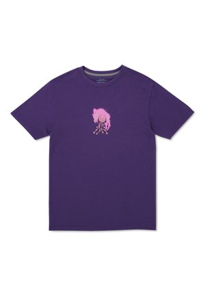 Purple cotton t-shirt featuring a pink graphic print at the center. Standard crew neck and short sleeves; smooth texture.