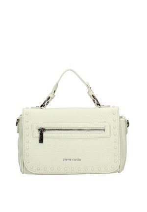 Kleine witte leren handtas met bovenhandvat, voorvak met rits en studs langs de randen.