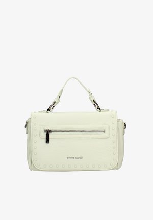 Piccola borsa a mano in pelle bianca con manico superiore, tasca frontale con zip e dettagli con borchie lungo i bordi.