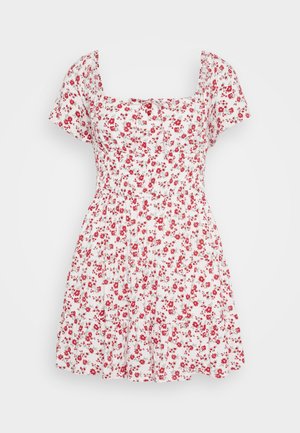 Weißes Kurzarmkleid mit rotem Blumenmuster, Quadrat-Ausschnitt, gerafftem Oberteil und einem ausgestellten Rock. Leichter Stoff mit bequemer Passform.