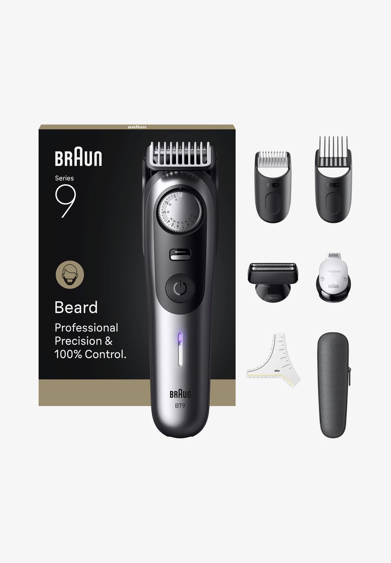 Braun Series 9 Bartschneider mit verstellbarem Drehknopf, zwei Kammaufsätzen, Präzisionsrasierköpfen, Schneidlineal und Aufbewahrungsbox.