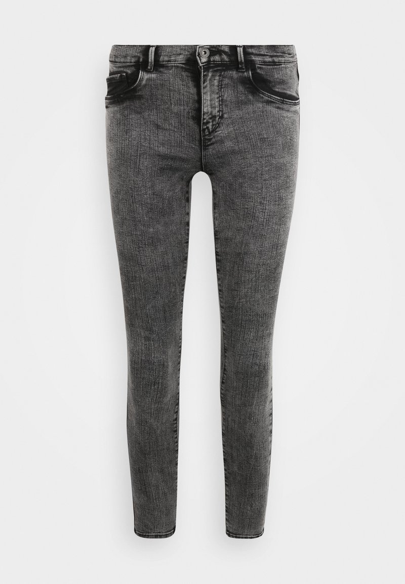 Jeans skinny em denim cinza com um acabamento ligeiramente desbotado, apresentando um design clássico de cinco bolsos e um fecho de botão com fecho de correr.