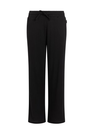 Černé žebrované kalhoty s volným střihem, vybavené elastickým pasem a stahovací šňůrkou. Tkanina je hladká s vertikálními pruhy.