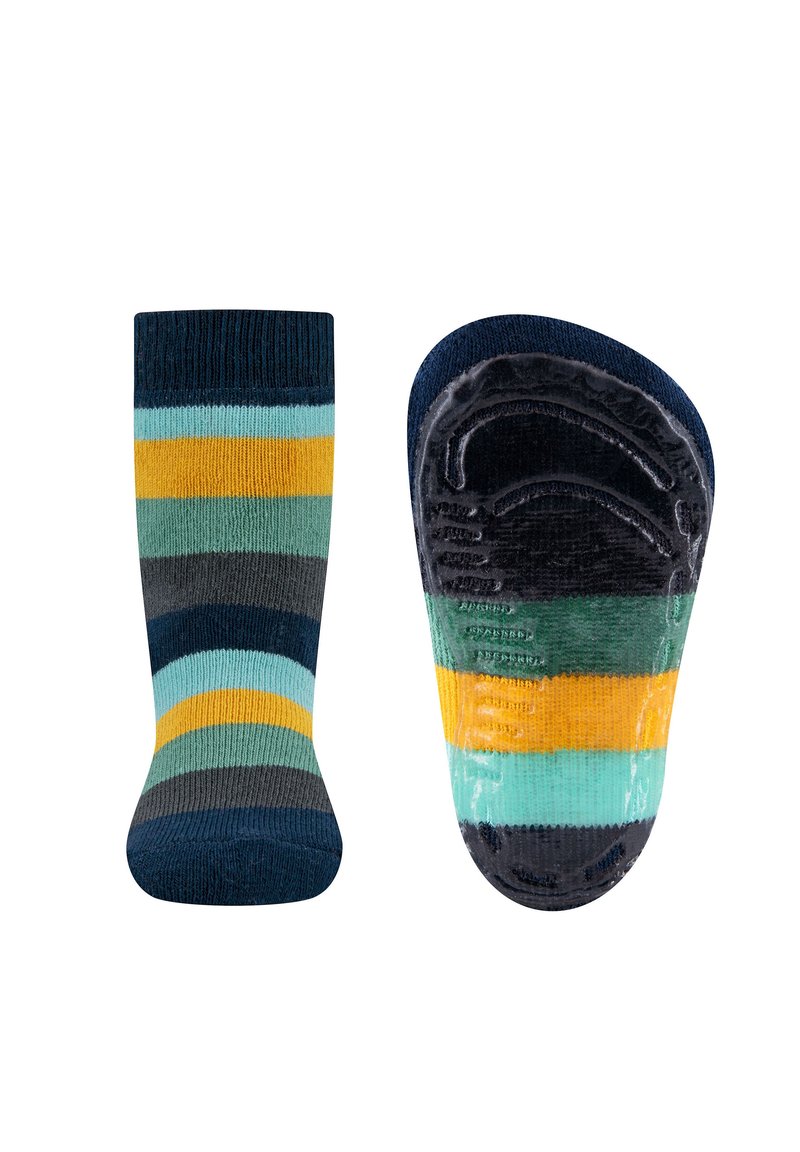 Paski skarpet z miękkiej, teksturowanej tkaniny w odcieniach niebieskiego, zielonego, żółtego i szarego. Gumowa podeszwa zapewniająca przyczepność, o kształcie konturu.
