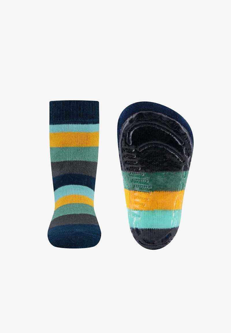 Paski skarpet z miękkiej, teksturowanej tkaniny w odcieniach niebieskiego, zielonego, żółtego i szarego. Gumowa podeszwa zapewniająca przyczepność, o kształcie konturu.