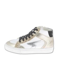 White high-top sneaker with black laces, gold glitter and metallic gold accents, and a silver lightning bolt design on the side.