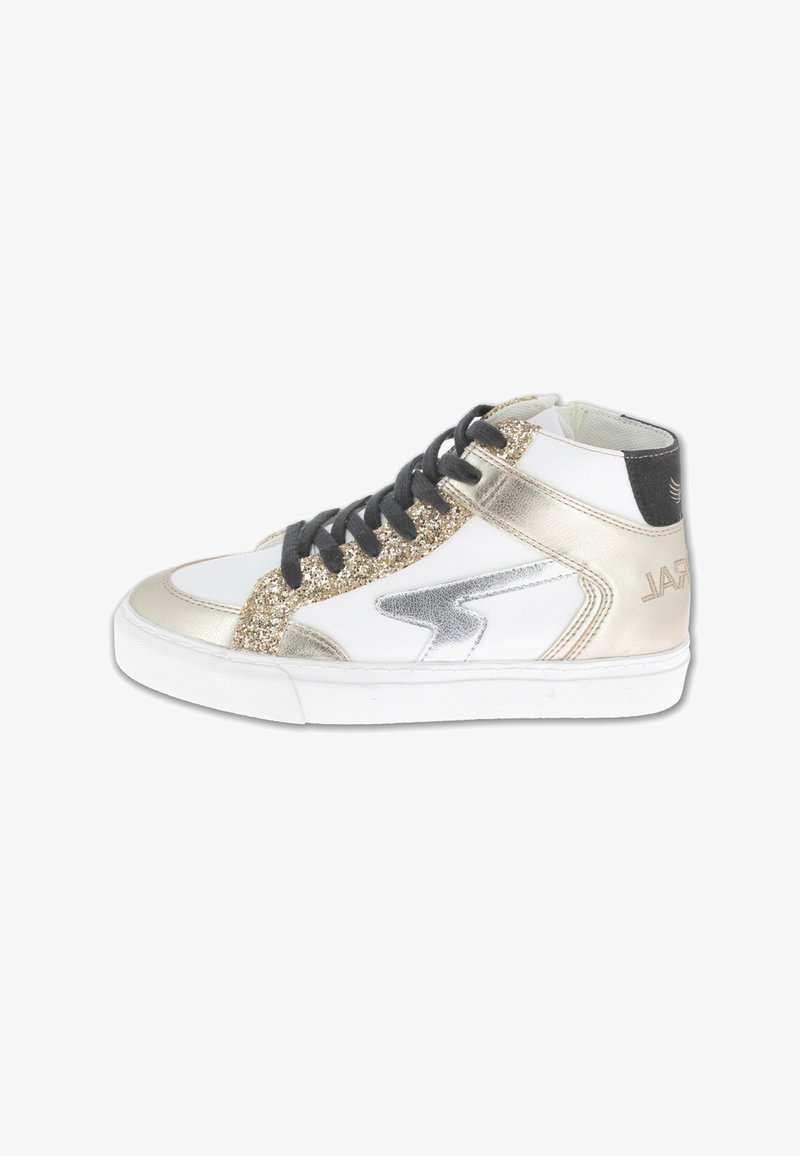 White high-top sneaker with black laces, gold glitter and metallic gold accents, and a silver lightning bolt design on the side.
