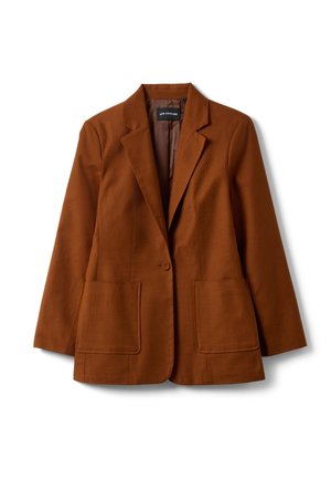 Bruine blazer met één knoop, met ingesneden revers, twee voorzakken met klep en een gladde voering aan de binnenkant.