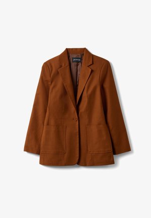 Bruine blazer met één knoop, met ingesneden revers, twee voorzakken met klep en een gladde voering aan de binnenkant.