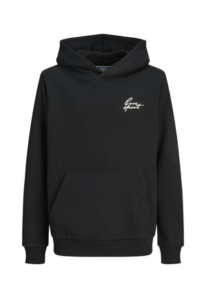 Schwarze Kapuzenjacke aus weichem Stoff mit einer Fronttasche, einer Kordelzugkapuze und weißem, gesticktem "Core Sport"-Text auf der Brust.