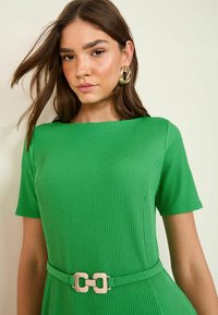 Rochie verde cu dungi, cu mâneci scurte și decolteu pătrat, strânsă în talie cu un brâu subțire care are o cataramă rectangulară.