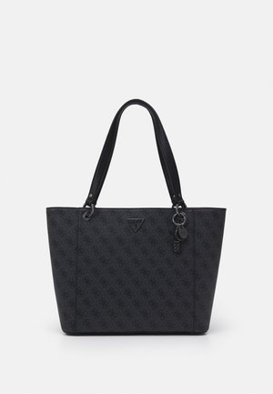 Sac cabas noir Guess avec motif logo subtil en all-over, double anses et accents métalliques sur fond uni.