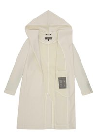 Cappotto lungo di colore crema con un grande cappuccio, tasche frontali e un'etichetta prominente; presenta una texture liscia e un design a taglio dritto.