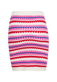 Fustă mini tricotată cu dungi în zigzag în nuanțe de roșu, roz, violet și alb. Talie elastică; textură ribbată pe tot parcursul materialului.