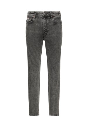 Slim-fit, falmet sort denim jeans med fem lommer, bæltestropper og knaplukning ved taljen, vist forfra på en hvid baggrund.