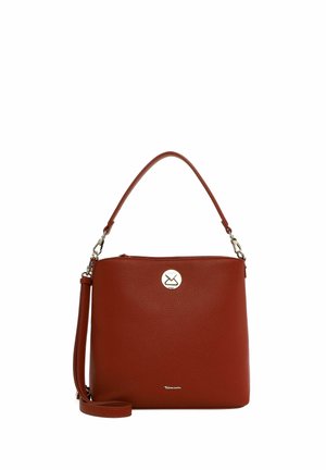 Brown textured leather handbag with a rounded shape, silver logo accent, and shoulder strap. Features a zippered top and adjustable length strap.