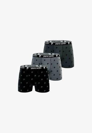 Trois paires de boxers en noir, gris et gris foncé, ornés d'un motif logo répétitif. Ceinture élastique avec la marque "Pierre Cardin".