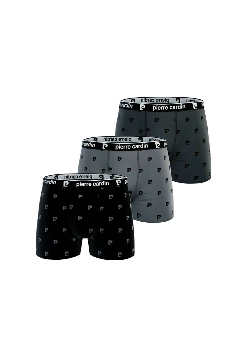 Trois paires de boxers en noir, gris et gris foncé, ornés d'un motif logo répétitif. Ceinture élastique avec la marque "Pierre Cardin".
