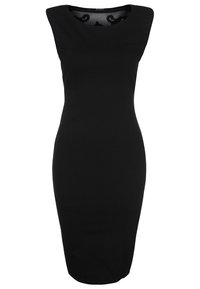 Schwarzes ärmelloses Bodycon-Kleid mit Rundhalsausschnitt, glattem Stoff und figurnaher Silhouette, mit dezenten Details am Ausschnitt.