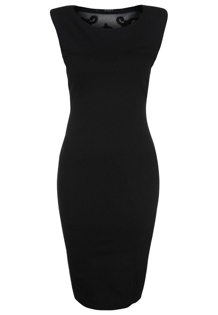 Schwarzes ärmelloses Bodycon-Kleid mit Rundhalsausschnitt, glattem Stoff und figurnaher Silhouette, mit dezenten Details am Ausschnitt.