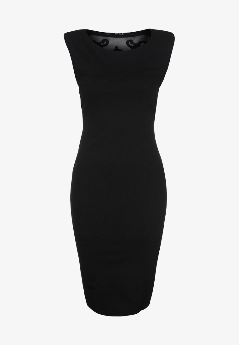 Schwarzes ärmelloses Bodycon-Kleid mit Rundhalsausschnitt, glattem Stoff und figurnaher Silhouette, mit dezenten Details am Ausschnitt.
