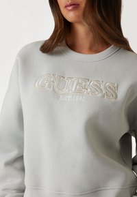 Lichtgrijze sweatshirt met een ronde hals, geborduurd "GUESS" logo en "EST. 1981" detail in een contrasterende kleur. Soepele textuur.