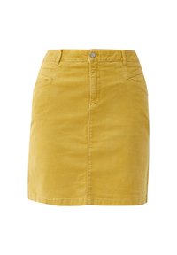 Gul denimkjol med en figursydd design, fem fickor, knappstängning fram och synlig sömnad. Slät textur, midja-längd.