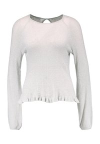 Weißes, langärmliges, strukturiertes Strickoberteil mit Schlüsseausschnitt und gerafftem Saum, mit leicht taillierter Silhouette.