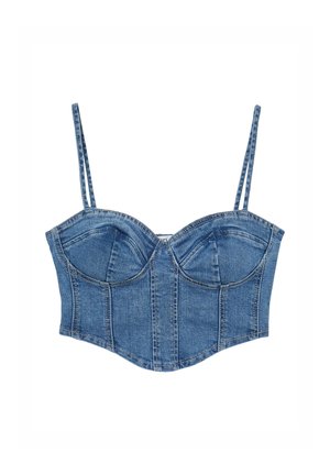Top bustier cropped in denim blu con coppe strutturate, doppie spalline sottili e dettagli con cuciture verticali.