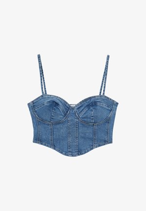Top bustier cropped in denim blu con coppe strutturate, doppie spalline sottili e dettagli con cuciture verticali.