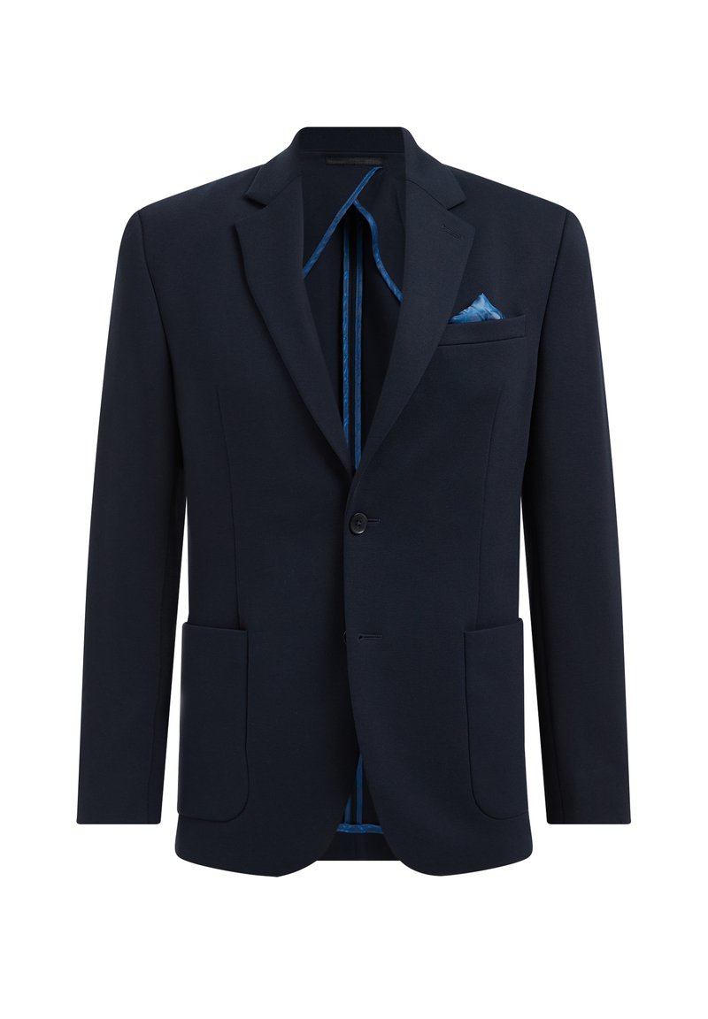 Blazer azul marino con solapas de muesca, dos bolsillos frontales, cierre de un solo botón y forro con un patrón azul. Incluye un pañuelo de bolsillo.