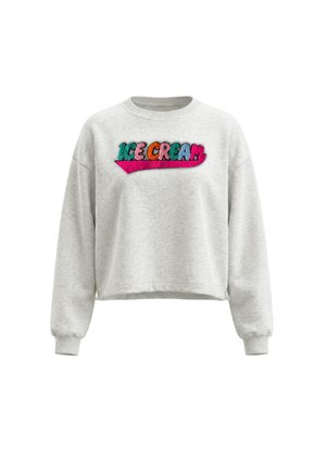 Lysegrå sweatshirt med lange ærmer med farverig "ICE CREAM" tekst og pink understregning på brystet, med ribstrikkede manchetter og rund halsudskæring.