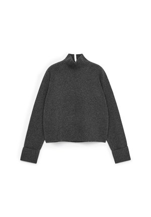 Dark gray cropped sweater with a high ribbed collar, long sleeves, and ribbed cuffs. Made from a textured knit material.
