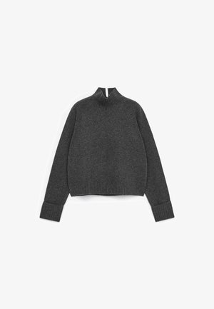 Dark gray cropped sweater with a high ribbed collar, long sleeves, and ribbed cuffs. Made from a textured knit material.
