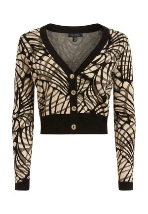 Cardigan court pour femme avec motif géométrique abstrait noir et beige, col en V, manches longues et quatre boutons métalliques sur le devant.