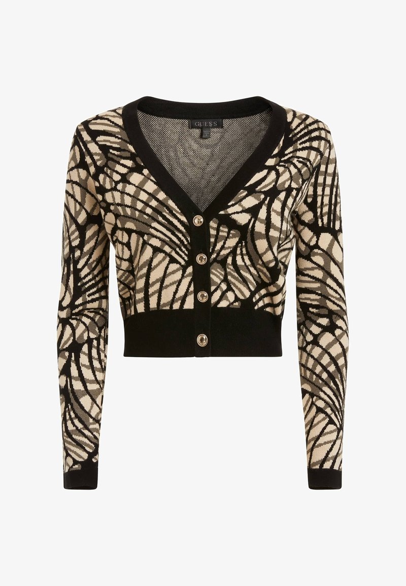 Cardigan court pour femme avec motif géométrique abstrait noir et beige, col en V, manches longues et quatre boutons métalliques sur le devant.