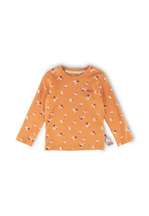 Langärmliges oranges Shirt aus weicher Stoffqualität mit einem floralen Muster in Weiß, Rosa und Burgunderrot. Mit einem seitlichen Etikett mit einem Hasenakzent.