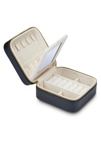 Black leather jewelry box with gold zipper, beige interior, removable sections for rings, and a mirror inside the lid.