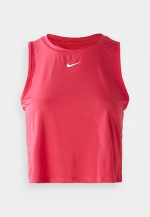 Sarkans bez piedurknēm topiņš, izgatavots no gludas sintētiskās auduma, ar apaļu kakla izgriezumu un mazu baltu Nike logo uz krūšdaļas.
