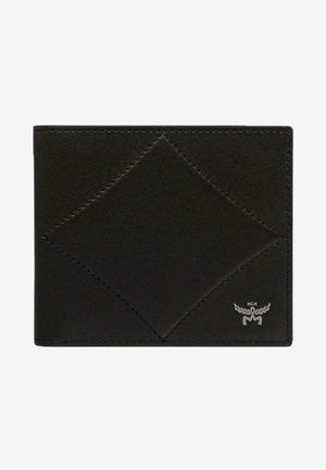 Cartera de piel negra con un patrón de diamantes en la parte frontal y un logo grabado en la esquina inferior derecha. Diseño bi-fold compacto.