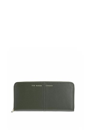 Portefeuille zippé Ted Baker London vert foncé avec inscription dorée de la marque à l'avant, présenté sur fond blanc.