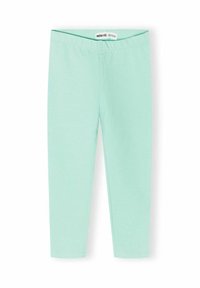 Leggings enfantins longueur complète couleur vert menthe avec ceinture élastique, fabriqués en tissu doux, présentés sur un fond blanc.
