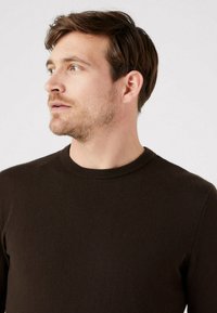 Maglione a maglia marrone scuro con scollatura a girocollo e dettagli a coste sul colletto. Tessuto morbido, design aderente e maniche lunghe.