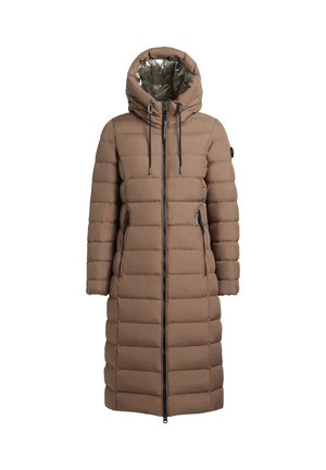 Cappotto lungo puffo marrone con cappuccio, rivestito in materiale metallico, con chiusura a zip davanti e due tasche laterali. Il cappotto presenta un design trapuntato con una finitura testurizzata.