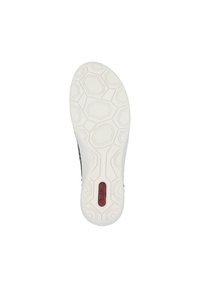 Suola della scarpa in bianco con un motivo esagonale testurizzato. Presenta un logo rosso e un tallone curvo per un supporto ergonomico.