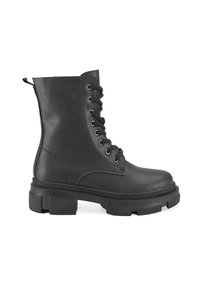 Schwarze Leder-Stiefelknöchel mit einer robusten Gummisohle, Schnürverschluss und verstärkten Nähten. Glatte Textur mit einer Lasche an der Rückseite.